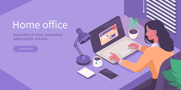 home office isometric Woman Working at Home Office. Character Sitting at Desk in Room, Looking at Computer Screen and Talking with Colleagues Online. Home Office Concept.  Flat Isometric Vector Illustration. using computer illustrations stock illustrations