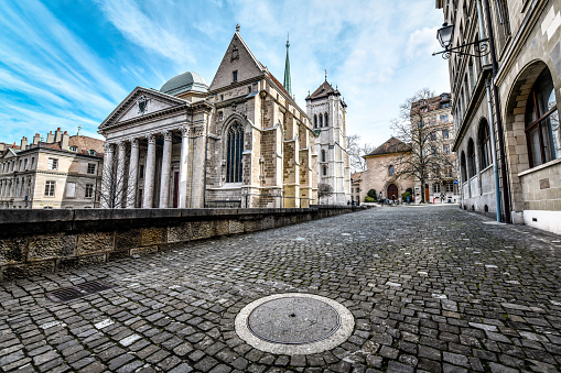 Cobbled Street On The Side Of St. Pierre's Church In Geneva, Switzerland