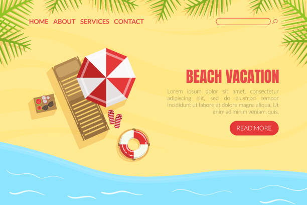 ilustraciones, imágenes clip art, dibujos animados e iconos de stock de plantilla de página de aterrizaje de vacaciones en la playa, página web de viaje en verano, aplicación móvil, ilustración vectorial de la página de inicio - web page illustrations