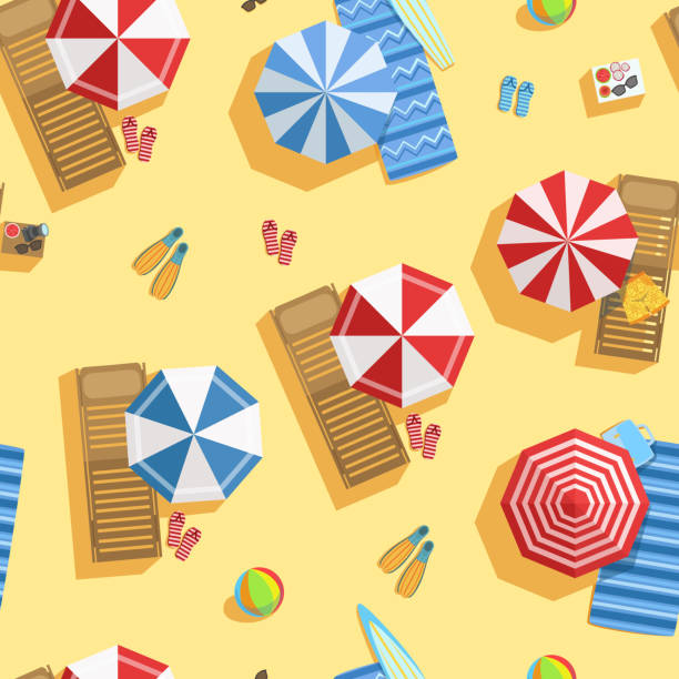 istock Tropical Beach with Colorful Umbrellas, View from Above, Summer Time Background Vector Illustration 1214693030