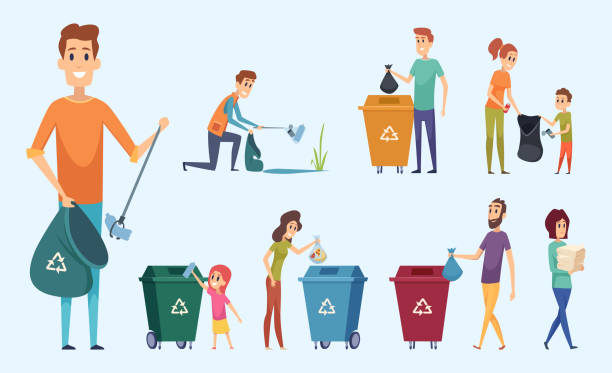 ilustrações, clipart, desenhos animados e ícones de reciclando lixo. pessoas que classificam resíduos protegem personagens vetoriais do processo de separação do lixo ambiental - utilization