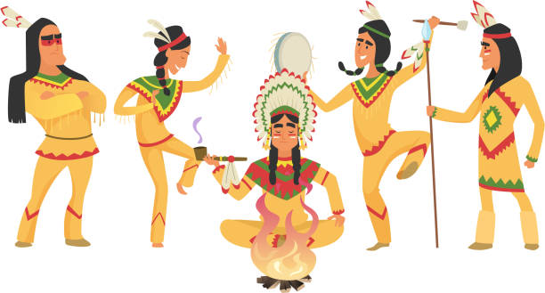 아메리카 원주민. 주술사와 불, 의식 댄스 사람들. 인도 전사 벡터 일러스트 - india traditional culture indigenous culture women stock illustrations