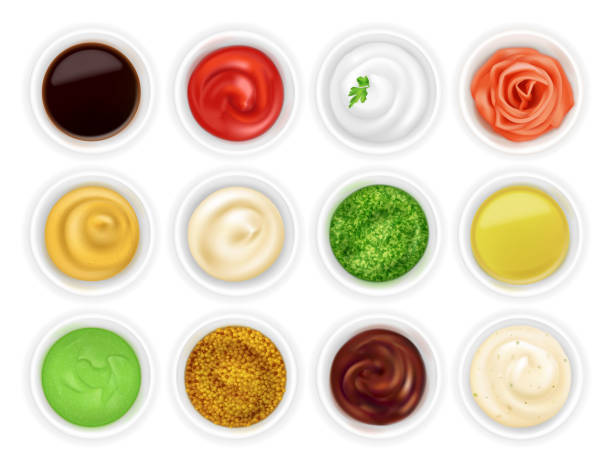 ilustrações de stock, clip art, desenhos animados e ícones de set of different sauces in bowls - sauces dip ketchup mayonnaise