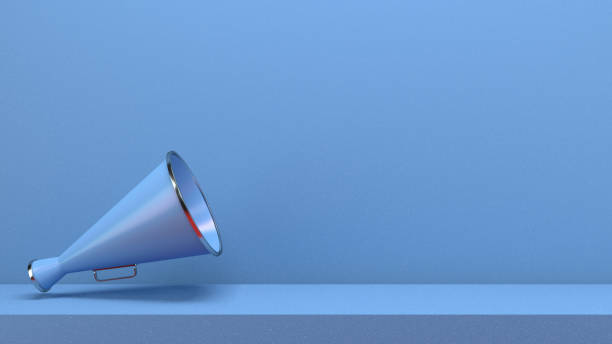 Megaphone 3d rendering of megaphone on blue color background. Advertisement, announcement message. classified ad audio stock pictures, royalty-free photos & images