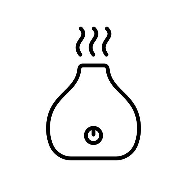 illustrazioni stock, clip art, cartoni animati e icone di tendenza di diffusore di aromi elettronico con pulsante di accensione e flusso d'aria. icona line art - diffusore-di-essenze