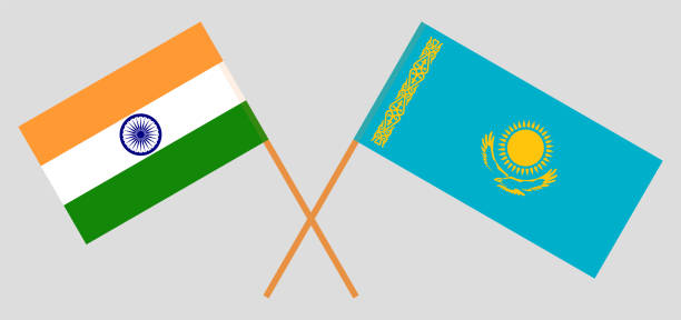 illustrazioni stock, clip art, cartoni animati e icone di tendenza di bandiere incrociate del kazakistan e dell'india - hindustani