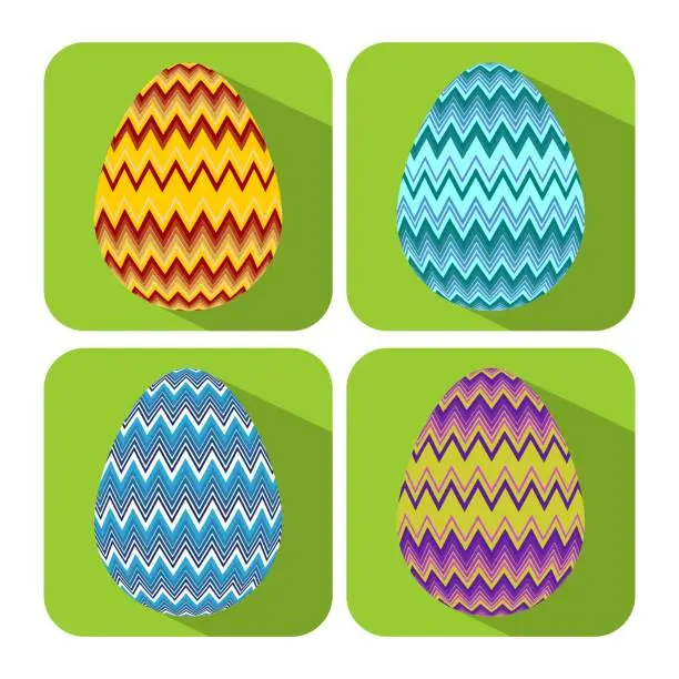Vector illustration of Set if icons with chevron decorated egg, flat design with long shadows, object on vivid green background, easter badge