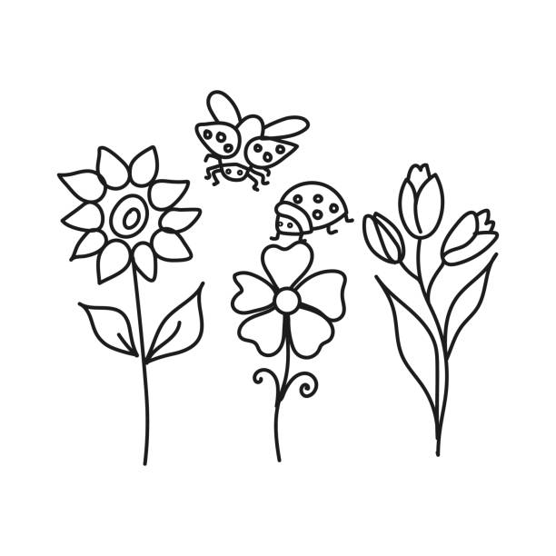 Set of vector flowers and ladybug simple. Kids outline illustration on a white background. Set of flowers and ladybug simple. Kids outline illustration on a white background. For use as a children's coloring pages ladybird book stock illustrations