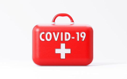 COVID-19 first aid kit on white background, Horizontal composition with copy space and clipping path.