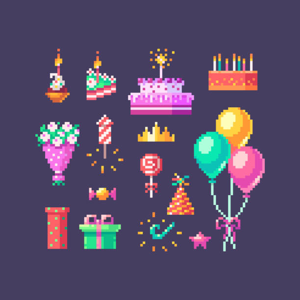 zestaw urodzinowy pixel art. słodkie jasne ikony na imprezie urodzinowej. - birthday cupcake cake candy stock illustrations