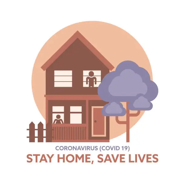 Vector illustration of Text: STAY HOME, SAVE LIVES. Concept of staying home during coronavirus outbreak.
