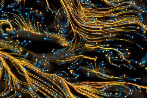 istock Neon glowing twisted cosmic lines on the glossy surface. Turbulence curls flow colorful motion. Fluid and smooth astronomy vortex swirl structure. 3d rendering Abstract creative modern background 1214709009
