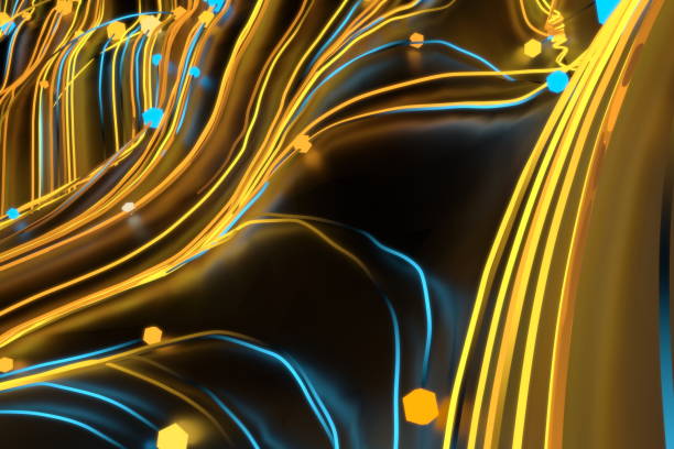 istock Neon glowing twisted cosmic lines on the glossy surface. Turbulence curls flow colorful motion. Fluid and smooth astronomy vortex swirl structure. 3d rendering Abstract creative modern background 1214709019