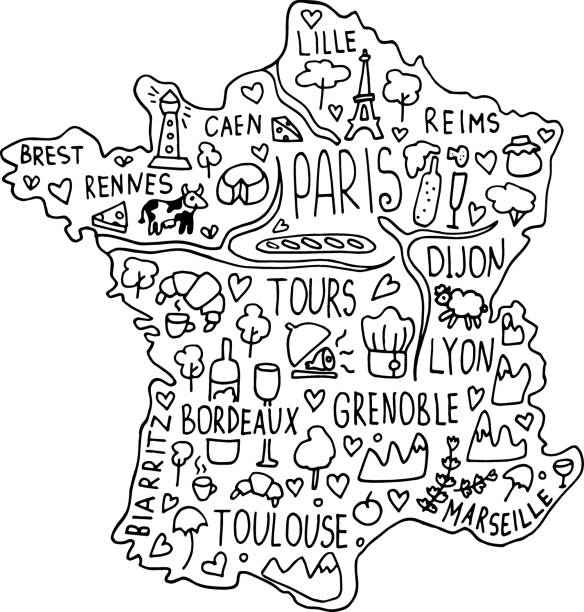 Hand drawn doodle France map. city names lettering and cartoon Hand drawn doodle France map. city names lettering and cartoon landmarks, tourist attractions cliparts. travel, trip comic infographic poster, banner concept design. Paris, lion. eiffel tower restaurant stock illustrations