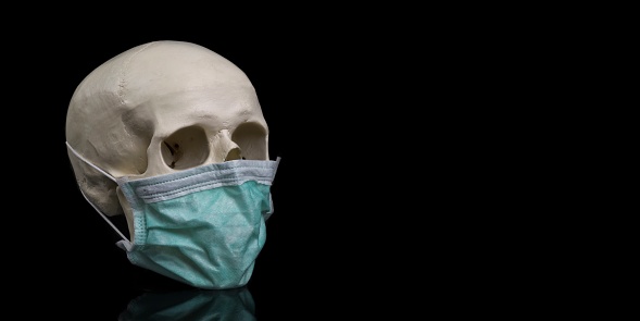 Human skull wearing a protective mouth mask. Panoramic image with copy space.