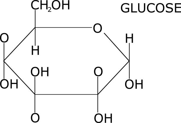 глюкоза структурное представление, изолированные на белом фоне, с его именем помечены. самый распространенный сахар. - hydrogen molecule white molecular structure stock illustrations