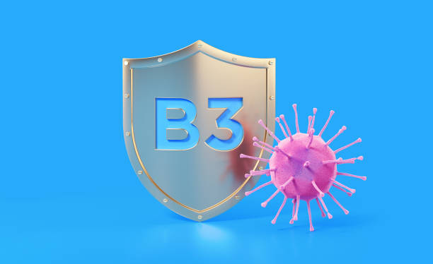 B3 Protection from Illness Concept on Blue Background B3 vitamin written gold colored shield protecting from a virus on blue background, Horizontal composition with copy space. Health concept. vitamin b 3 stock pictures, royalty-free photos & images