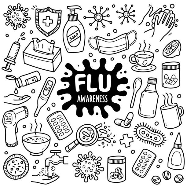 illustrazioni stock, clip art, cartoni animati e icone di tendenza di illustrazione doodle flu in bianco e nero. - farmaco illustrazioni