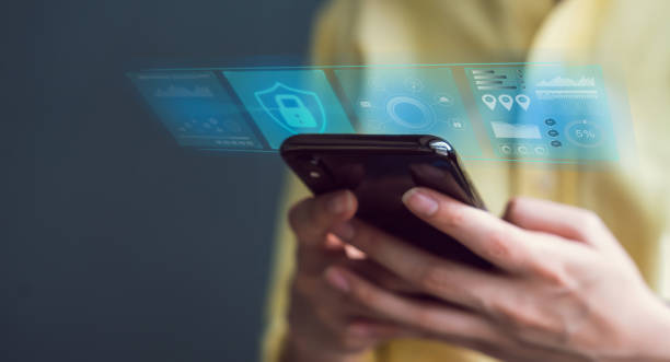 Technology concept with cyber security internet and networking, woman hand using smartphone, screen padlock icon on digital display.