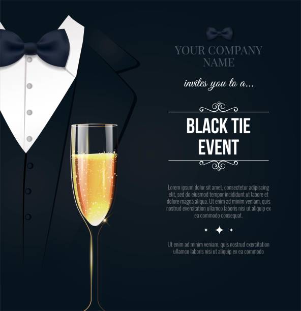 ブラック タイ イベント招待。ビジネスマンのスーツ、ネクタイ、シャンパングラスが付いたエレガントな黒と白のカード。 - champagne celebration glass black点のイラスト素材／�クリップアート素材／マンガ素材／アイコン素材