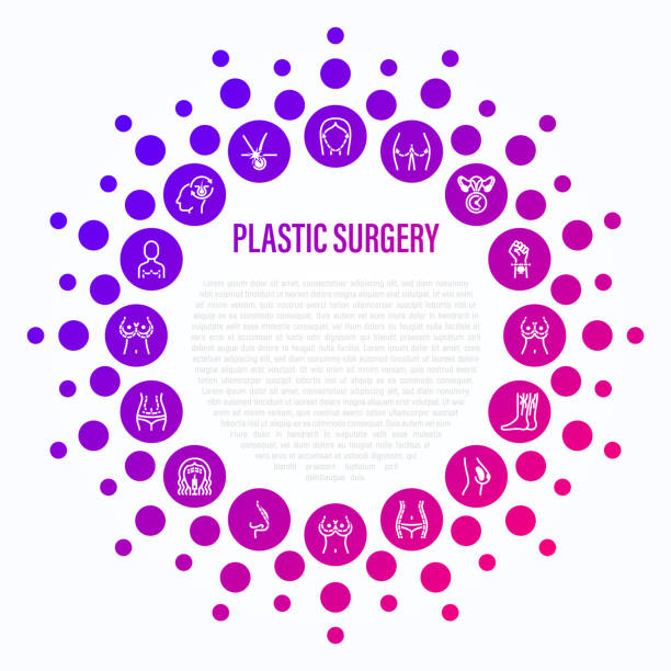 원 모양의 성형 외과 개념. 가는 선 아이콘입니다. 유방 확대, 감소, mastopexy, 임플란트, 지방 흡입, 안면 성형술, 비성형술, 엉덩이 리프트, 복부 성형술. 벡터 그림입니다. - plastic surgery botox injection face lift nose job stock illustrations