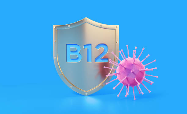 B12 Protection from Illness Concept on Blue Background B12 vitamin written gold colored shield protecting from a virus on blue background, Horizontal composition with copy space. Health concept. number 12 photos stock pictures, royalty-free photos & images