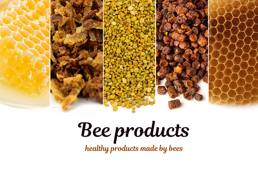 A variety of bee products. Honey, pollen, propolis, bee bread, wax. Apitherapy. Healthy products made by bees