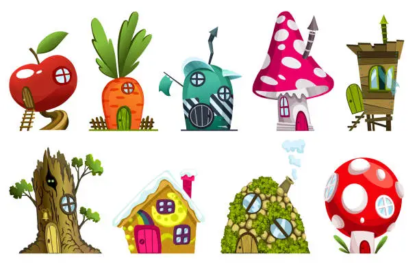 Vector illustration of Set of different fairytale houses. Fantasy houses. Housing village illustration. Set for kids fairytale playhouse isolated on white background