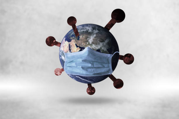 World mask protect Corona virus on background with clipping path concept for Earth warning covid19 flu pandemic quarantine, wide environment day care for pneumonitis and symptoms control máscara mundial protege el virus corona en segundo plano con el concepto de ruta de recorte para la cuarentena de la pandemia de gripe de advertencia de la tierra covid19, amplia guardería ambiental para la neumonitis y control de síntomas