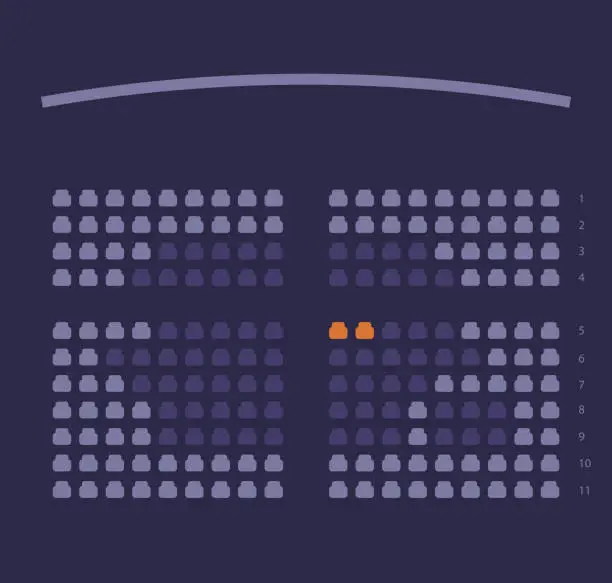 Vector illustration of Cinema seats booking online ui design scheme or film theatre places reservation template layout vector flat cartoon violet dark illustration image