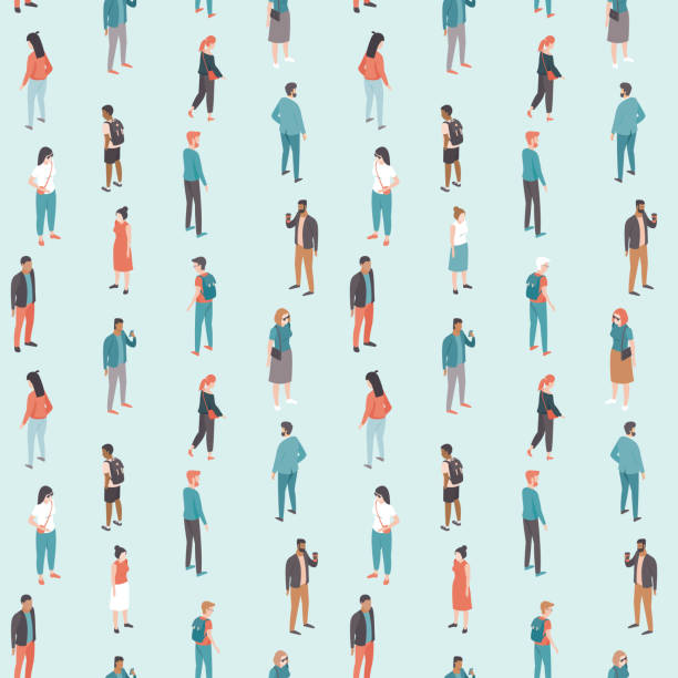 Crowd of various people seamless vector pattern Social distancing. People keep distance from each other in public place. Flat vector seamless pattern incidental people stock illustrations