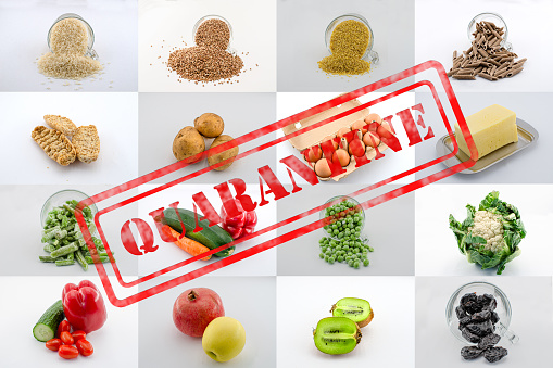 A mosaic variety of food squares with quarantine sign. Collage of food that is better to buy before quarantine -  groats, fruits, vegetables, cheese, frozen vegetables, eggs, dried fruits