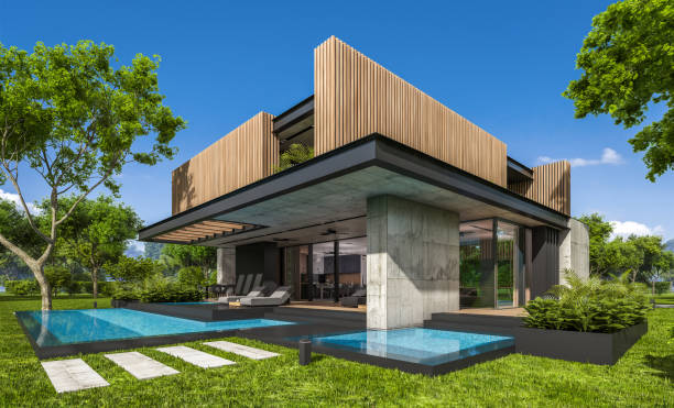 istock 3d rendering of modern house with wood plank facade 1214716044