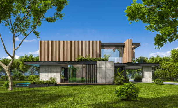 istock 3d rendering of modern house with wood plank facade 1214716052