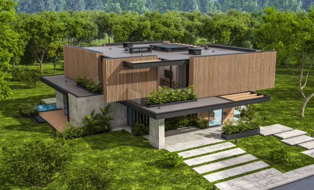 istock 3d rendering of modern house with wood plank facade 1214716106