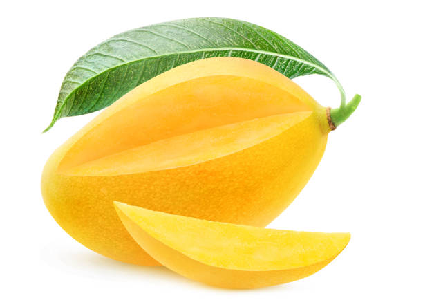 istock Isolated yellow mango with cut out piece 1214718041