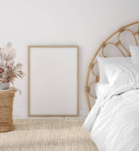 istock Mockup frame in Coastal boho style bedroom interior 1214719426