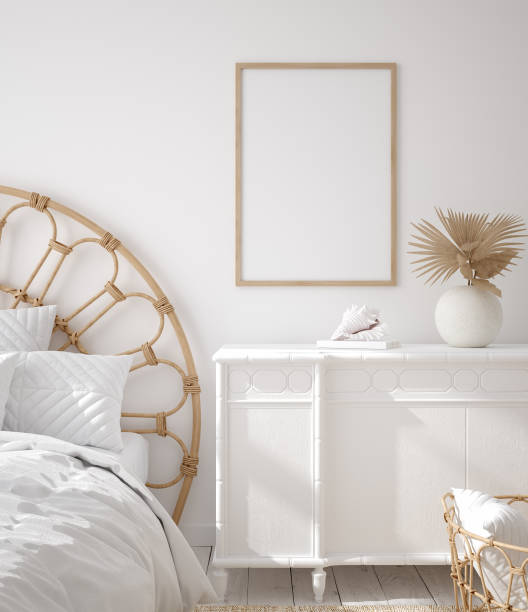 istock Mockup frame in Coastal boho style bedroom interior 1214719445