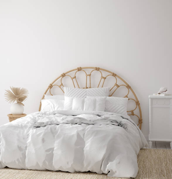 istock Coastal boho style bedroom interior, wall mockup 1214719462