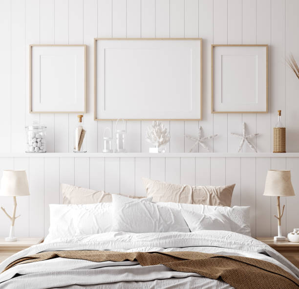 istock Mock up frame in cozy home interior background, coastal style bedroom 1214719473