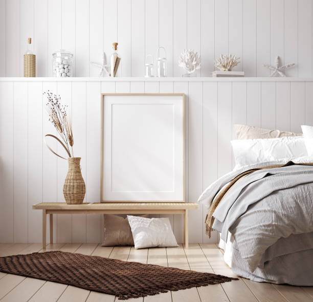 istock Mock up frame in cozy home interior background, coastal style bedroom 1214719474