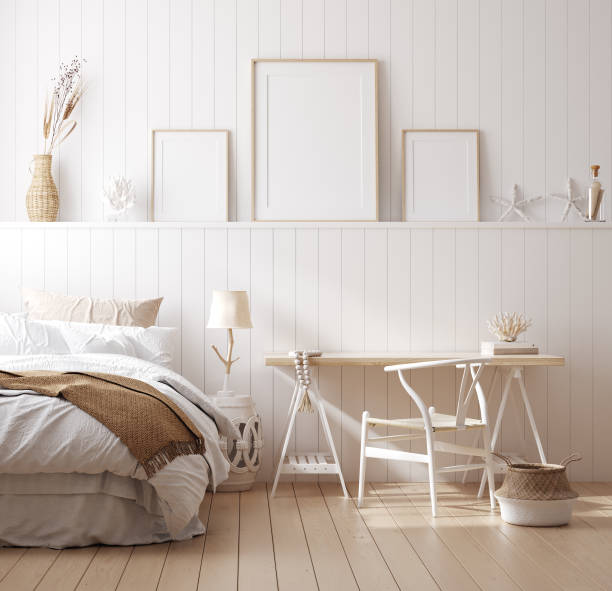 istock Mock up frame in cozy home interior background, coastal style bedroom 1214719478