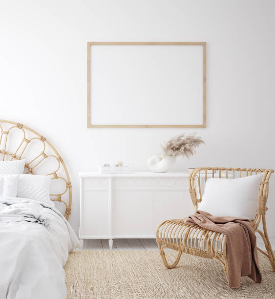 istock Mockup frame in Coastal boho style bedroom interior 1214719492