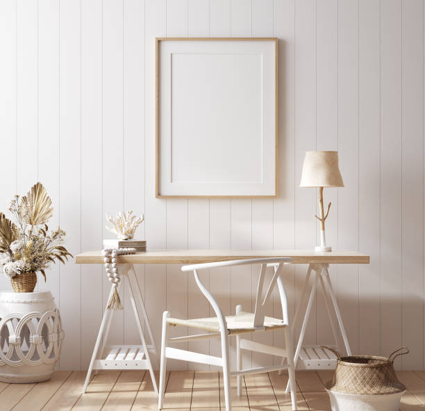 Poster mock up in home office interior background, Coastal style