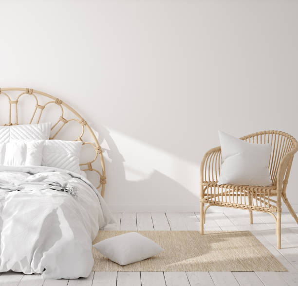 istock Coastal boho style bedroom interior, wall mockup 1214719511