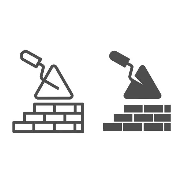 Vector illustration of Brickwork and trowel line and solid icon. Spatula tool and building brick wall symbol, outline style pictogram on white background. Construction sign for mobile concept or web design. Vector graphics.