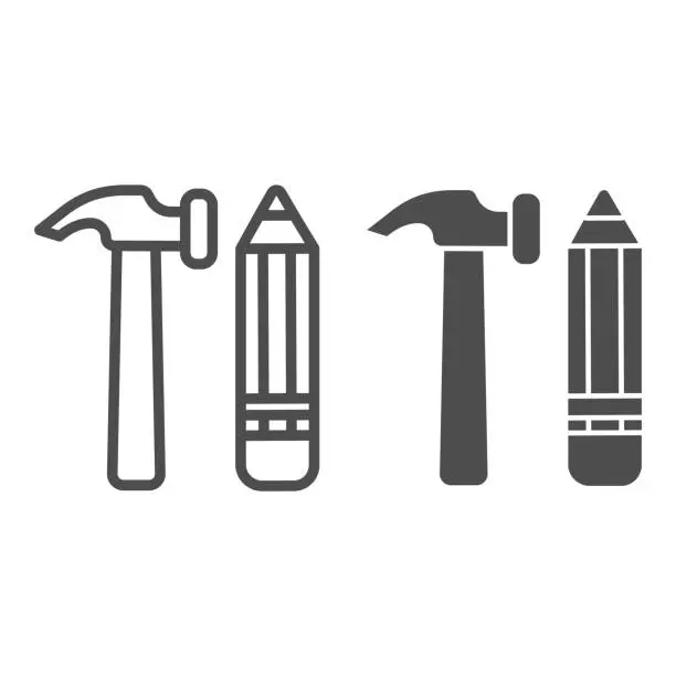 Vector illustration of Hammer and pencil line and solid icon. Build and art tool, nail and drawing item symbol, outline style pictogram on white background. Construction sign for mobile concept, web design. Vector graphics.