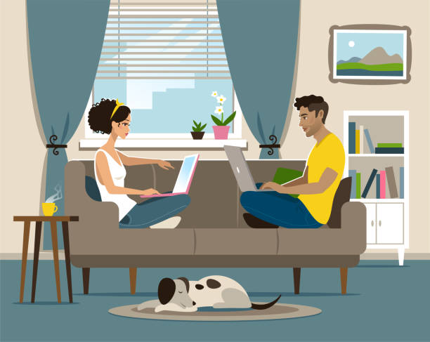 illustrations, cliparts, dessins animés et icônes de bureau à domicile - working at home women house computer
