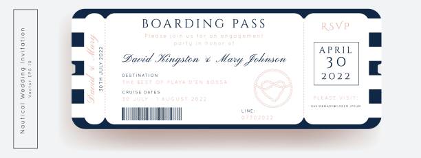 Nautical wedding vector design Nautical Wedding Invitation Vector Set.Boat Boarding Pass ticket template.Sailor theme in Classic vintage style.Elegant sea invite card overlay in white and navy blue colors. Modern luxury design. cruize stock illustrations