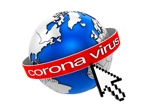 Coronavirus covid-19 2019 nCoV pandemic over globe\nMap: https://visibleearth.nasa.gov